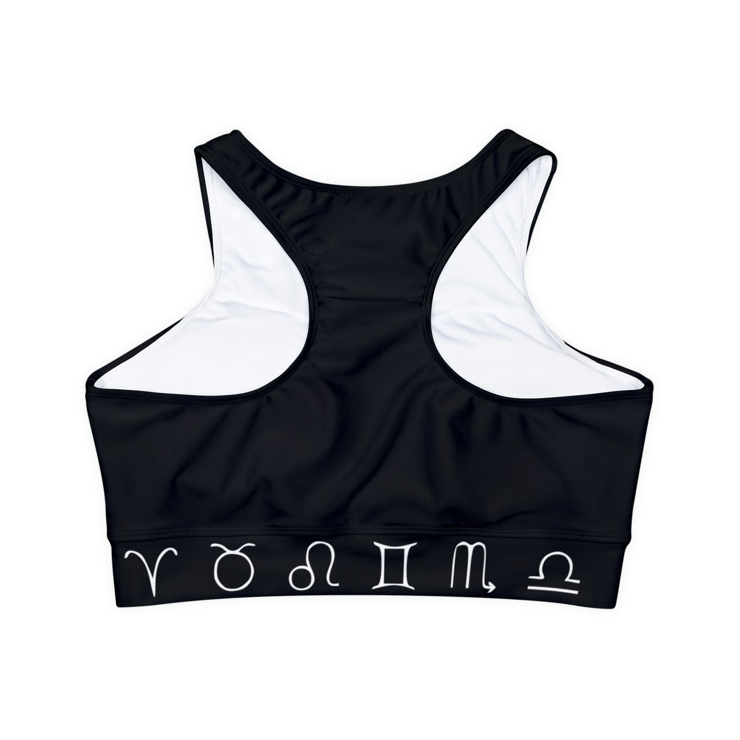 Zodiac Fully Lined, Padded Sports Bra (Zodiac sign band/black)