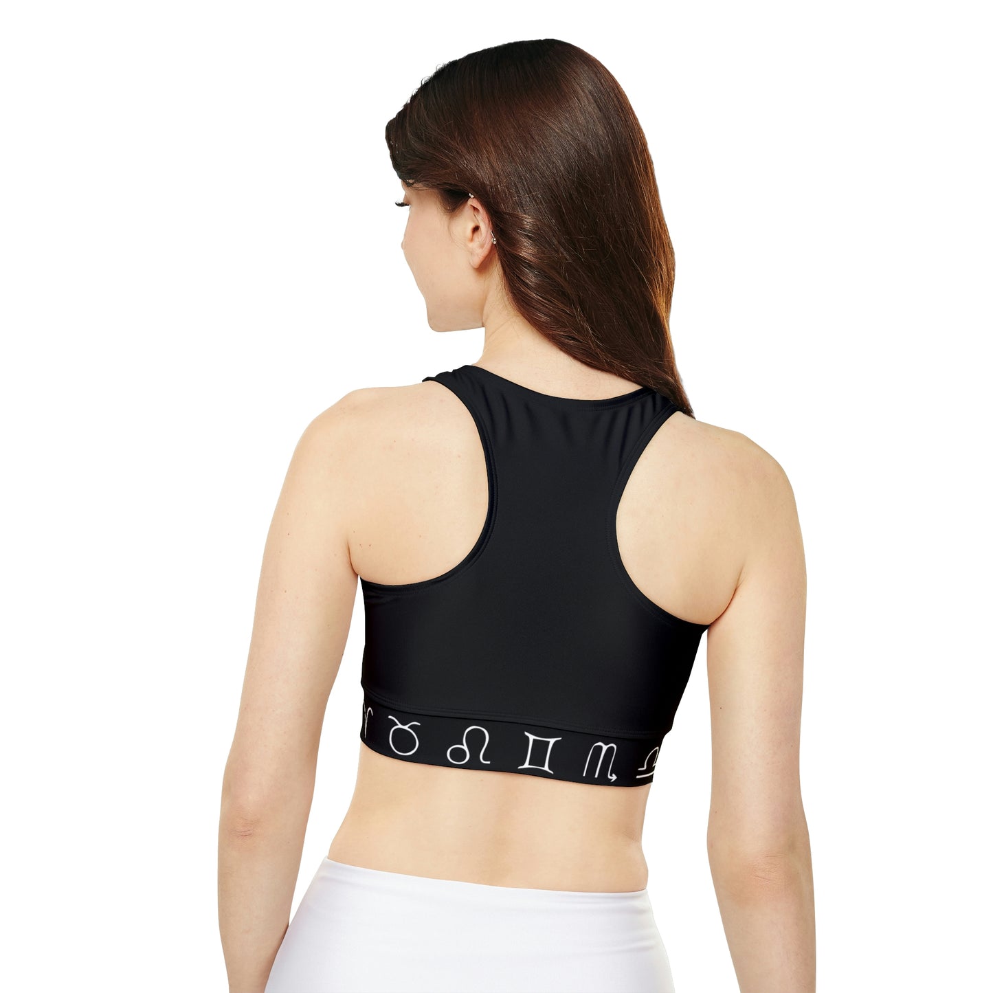 Zodiac Fully Lined, Padded Sports Bra (Zodiac sign band/black)