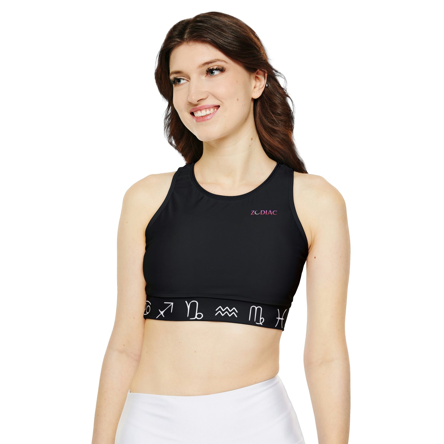 Zodiac Fully Lined, Padded Sports Bra (Zodiac sign band/black)